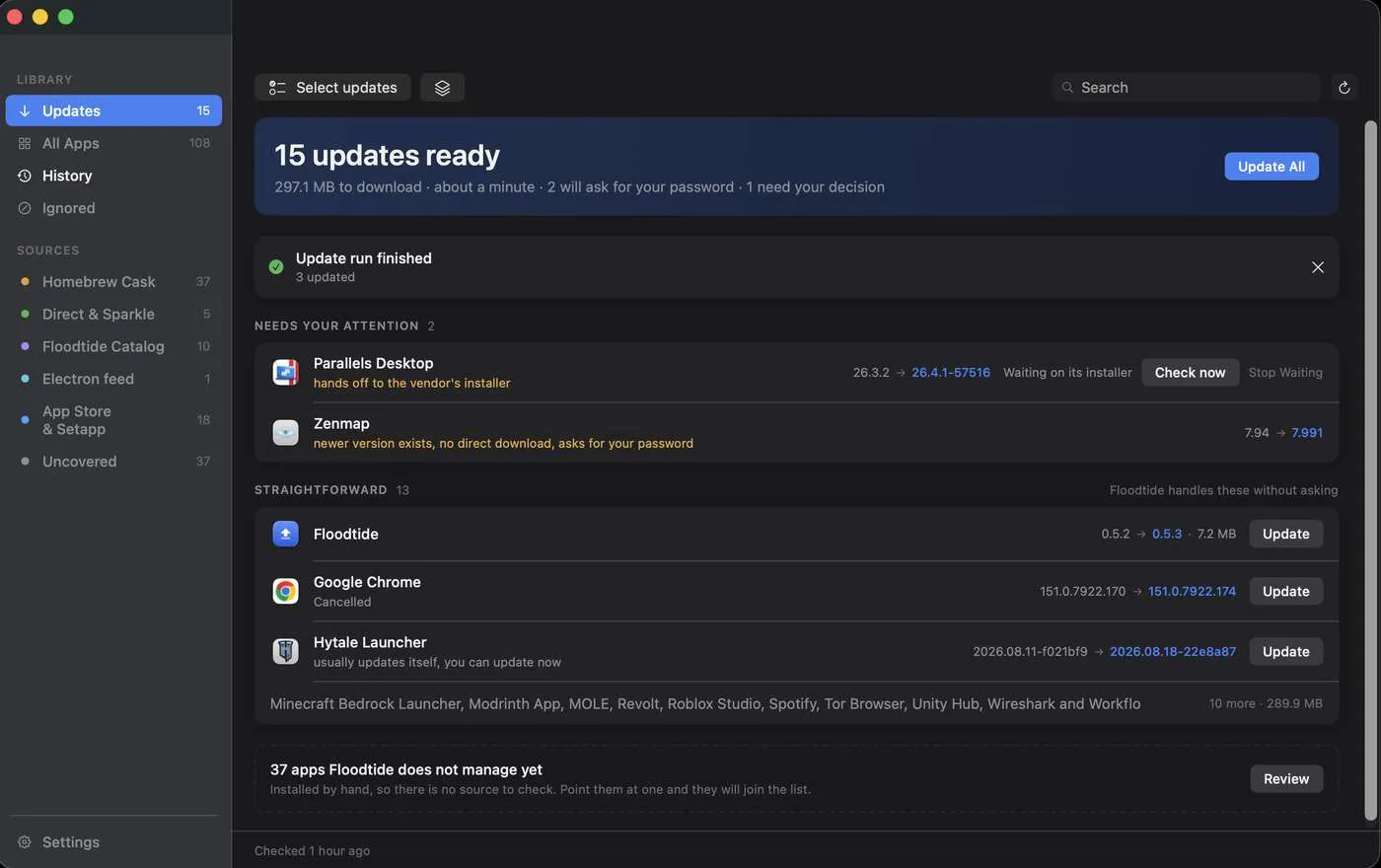 Floodtide's Updates page: 15 updates ready, two needing attention, thirteen it can handle without asking.